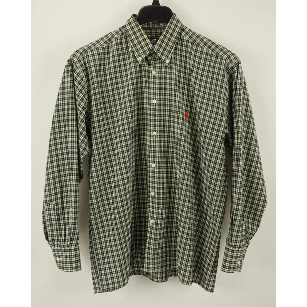 Vintage Polo Ralph Lauren USA Men Large Long Sleeve Blue Green White Plaid Shirt